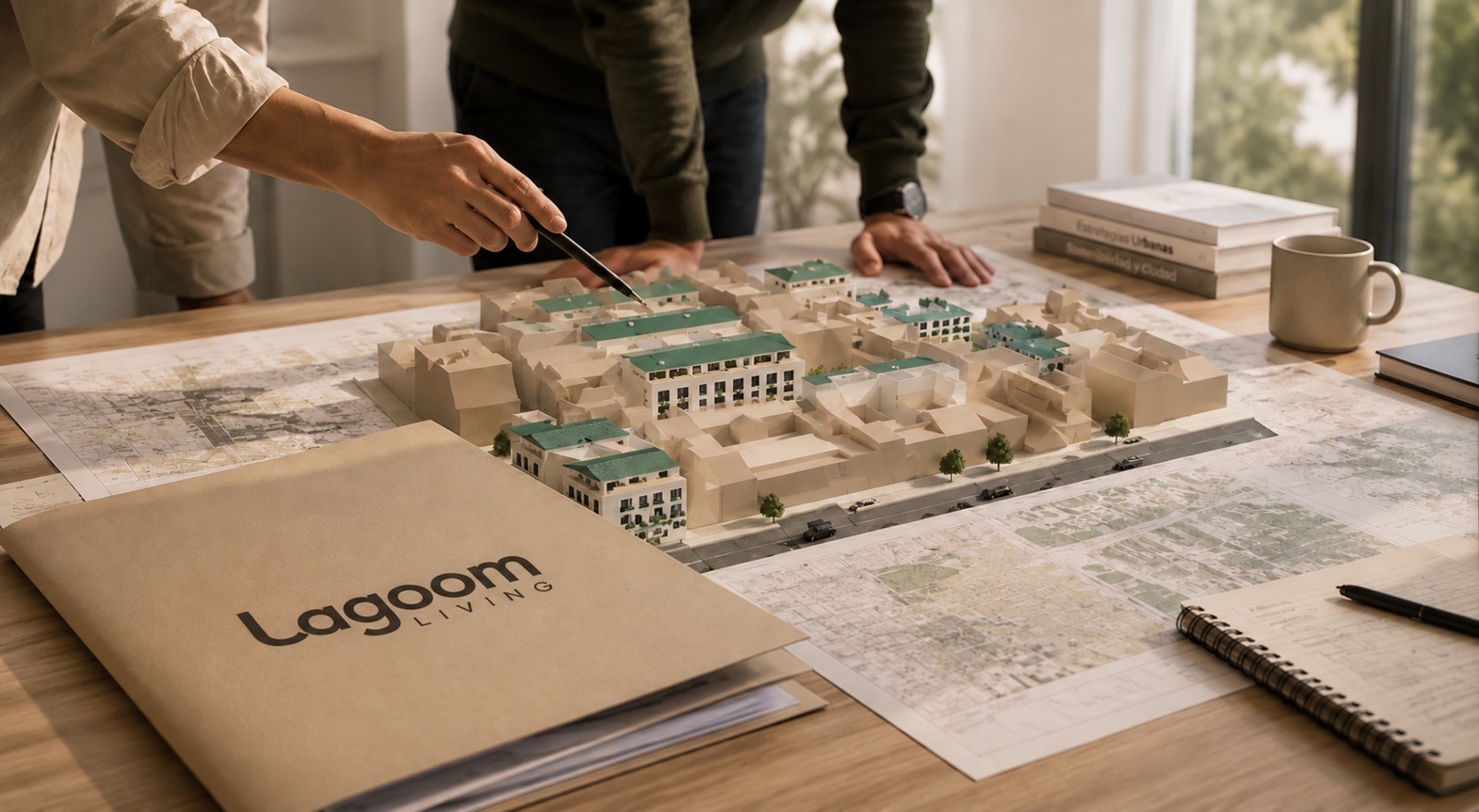 Two people working on the model and plans of a Lagoom Living development