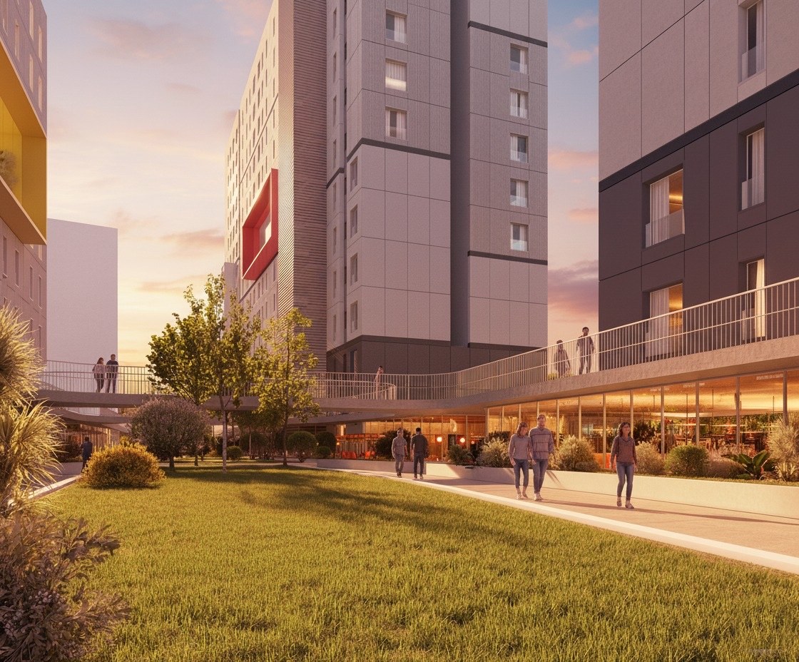 Green areas and street-level shops in a Lagoom Living development at sunset