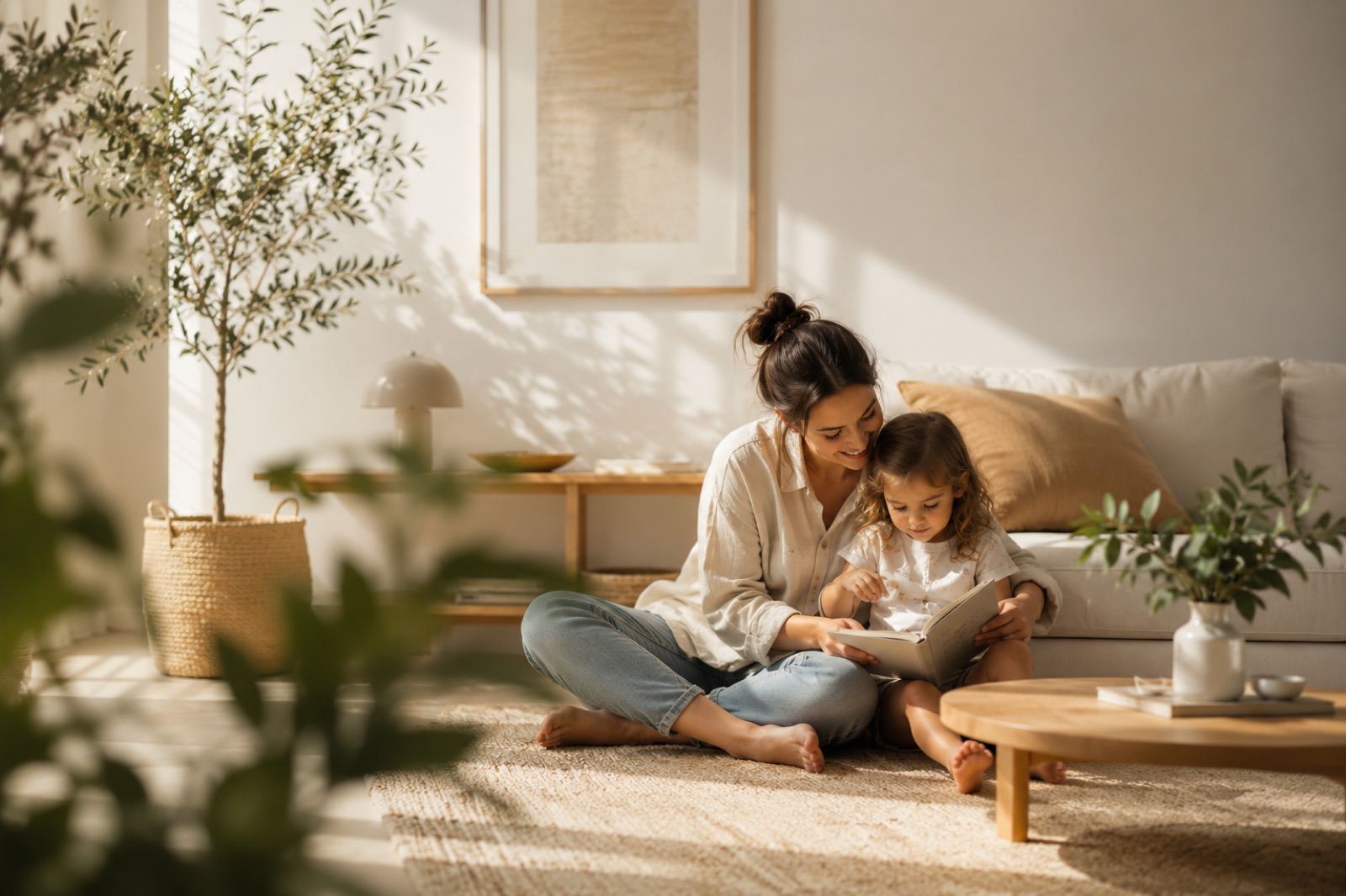 A mother and her daughter reading in the living room of a Lagoom Living home